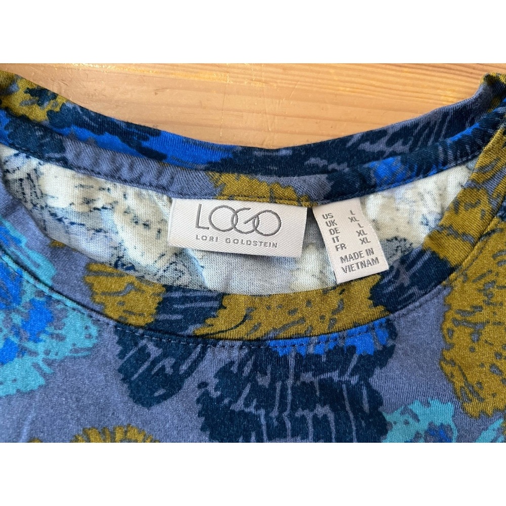 LOGO Lori Goldstein Floral Layered Hem Tunic Top Blue Mustard Artsy Boho Large - Picture 5 of 10